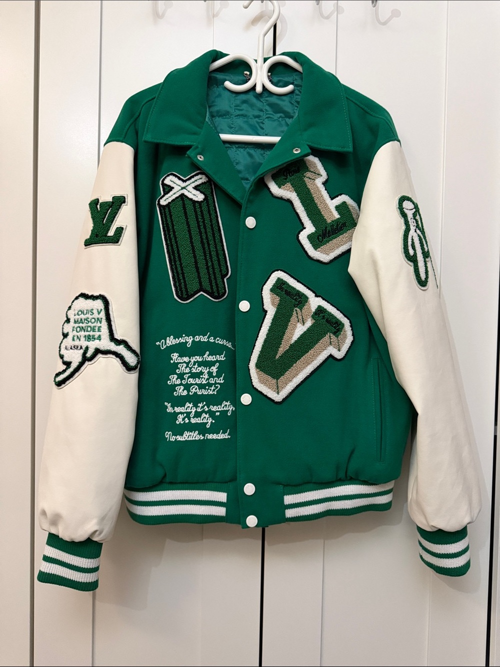 Green and White Kids Varsity Jacket with Embroidered Patches
